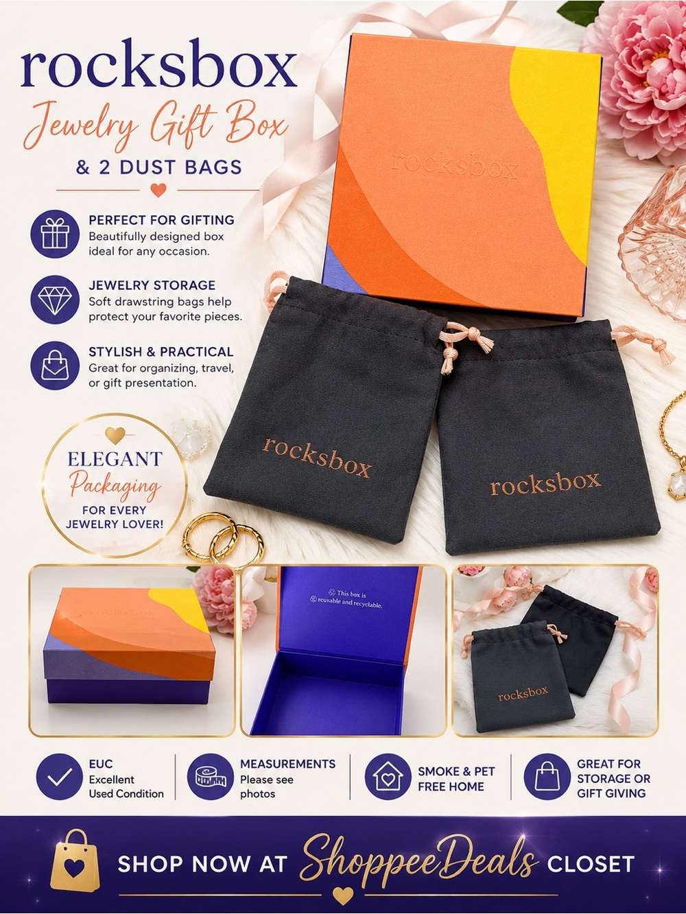 Rocksbox Jewelry Gift Box & 2 Drawstring Dust Bags